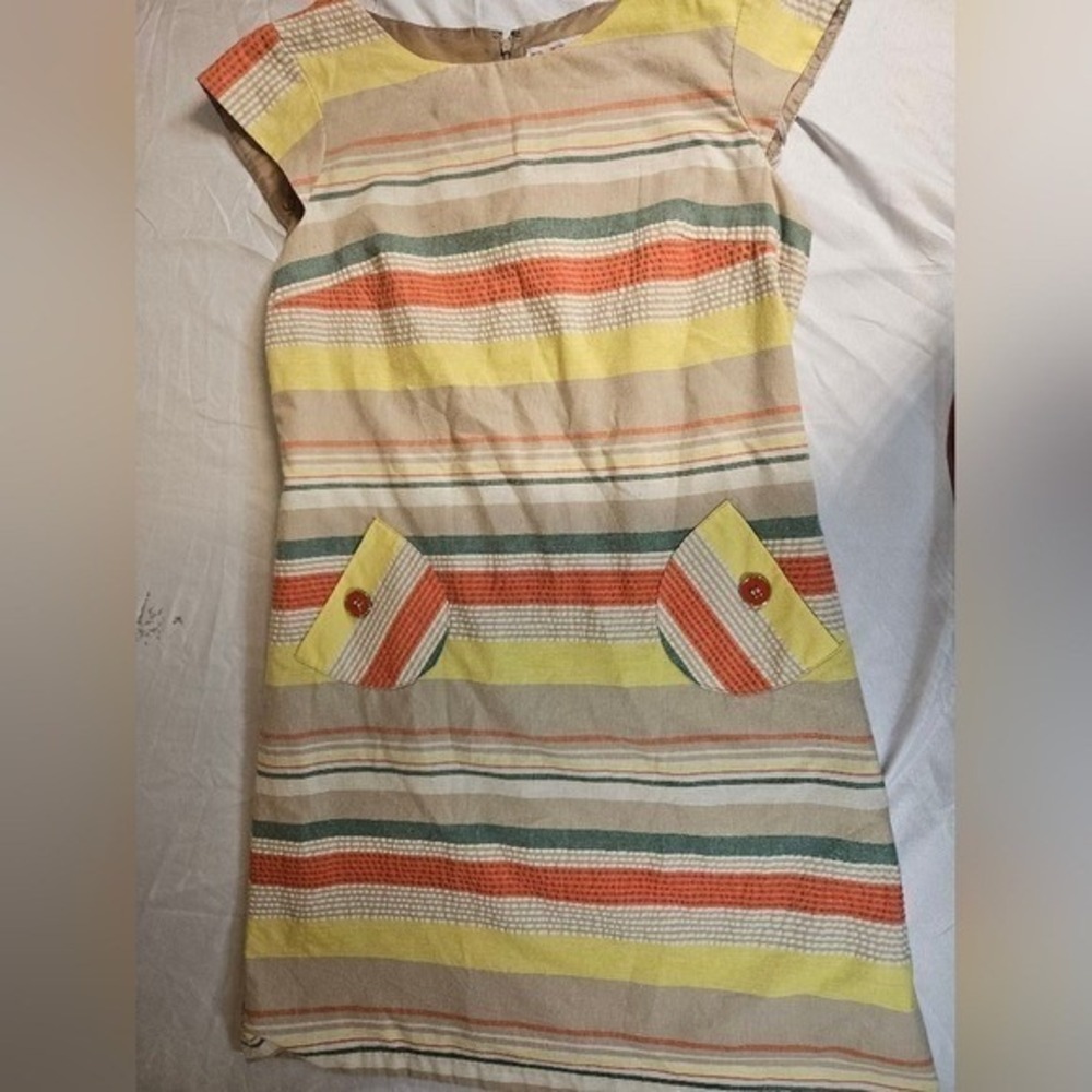 R&K Originals‎ Womens Multi Color Striped Shift Dress Cap Sleeve Pockets Size 14